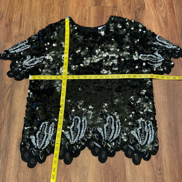 Oleg Cassini 100% Silk Sequins Evening Blouse Top Black - Picture 7 of 8
